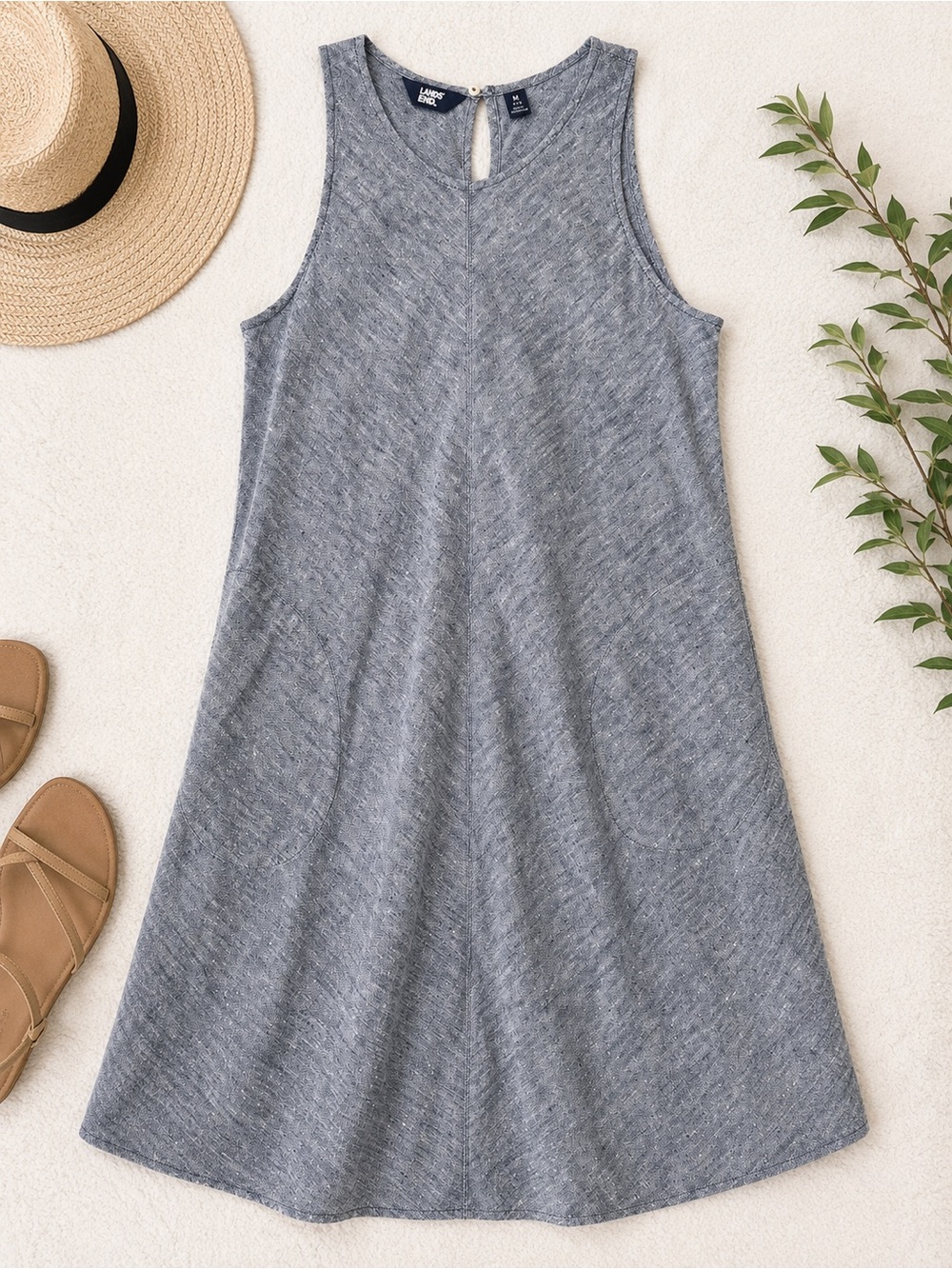 Lands’ End 100% Linen Heather Blue Gray Sleeveless Dress Pockets M